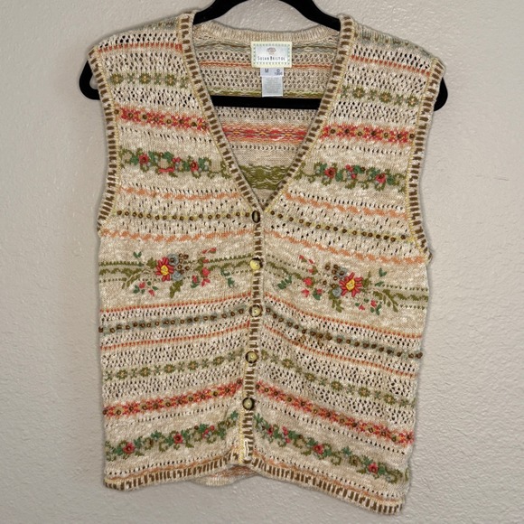 Susan Bristol Sweaters - Vintage 90s Cottage Granola Floral Hand Beaded Embroidered Knit Sweater Medium